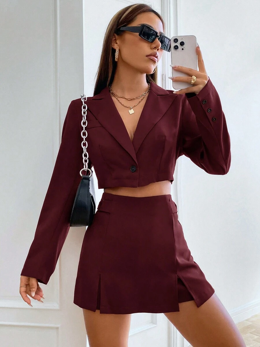 SHEIN EZwear Women Solid Color Front Button Long Sleeve Top And Mini Skirt Suit Set In Fall/Winter - Burgundy - View 1