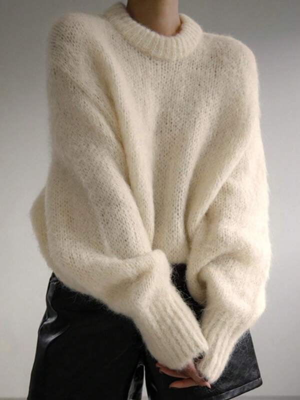 DAZY Women Oversized Crew Neck Fuzzy Knit Sweater,Long Sleeve Tops