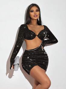 SHEIN SXY 女士时尚性感镂空钻石链条细节迷你紧身连衣裙，夏季和秋季 - 黑色 - 查看 3