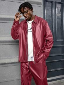 PAVTROS Men's Solid Color Zip Up Long Sleeve Shirt & Drawstring Pocket Long Pants Casual Suit - Burgundy - View 5