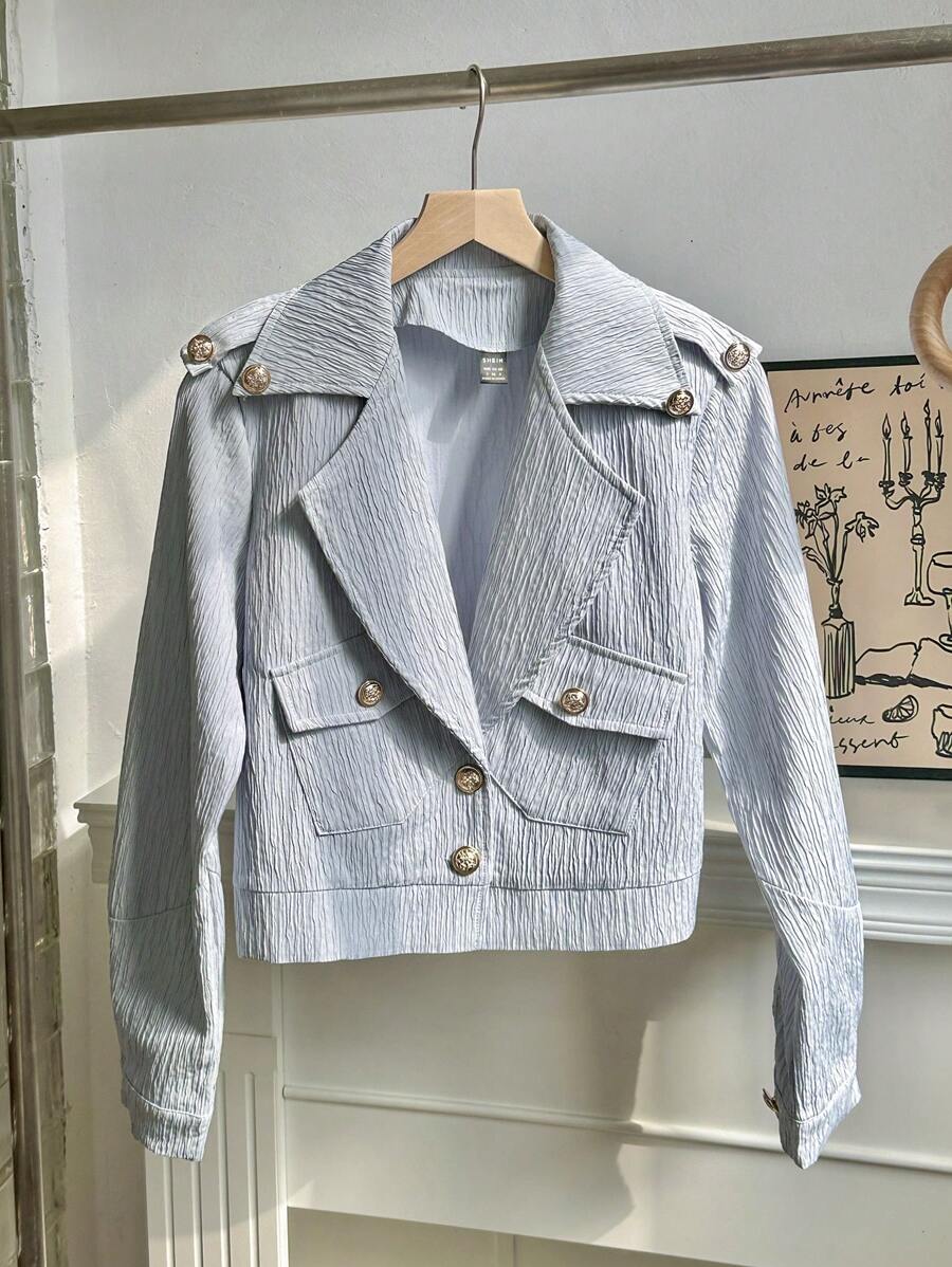 SHEIN Unity 美式女款嬰兒藍紋理翻領機車夾克,高端防風外套,秋季優雅辦公時尚通勤服 - 藍色 - 查看 1