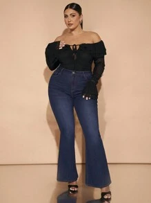 SHEIN BAE Plus Size Fall Elegant Going Out Sexy Party Woman Black Mesh Strapless Off Shoulder Ruffle Tube Top Sexy Front Center Tie Ruffle Cuffs Gathered Bodysuit Sweet Bodysuit Party Bodysuit Wedding Guest Bodysuit Halloween Outfit Christmas Outfit Birthday Party Outfit