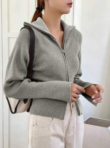 DAZY Cárdigan de mujer de negocios casual con cremallera y solapa de unicolor, ropa de otoño
