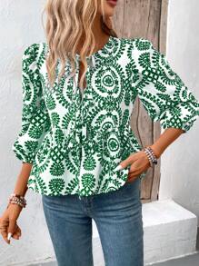 Breezaya Front Tie Neck All-Over Print Ruffle Hem Blouse - Green - View 3