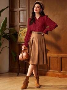 Vintamour Vintage Elegant Women's Shirt With Lace Patchwork, V-Neck Long Flare Sleeve Work Back To School Fall Blouse, Fall Teacher Winter Vintage Long Sleeve Shirt, Button Down Shirt Thanksgiving - Burgundy - View 5