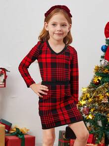 SHEIN Bộ trang phục áo phông và váy kẻ caro đỏ cổ chữ V dễ thương và cổ điển cho bé gái, phải có, đa năng, phù hợp cho mẹ, con gái và chị em gái, tuyệt vời cho trang phục thường ngày và trang phục đi học hàng ngày vào mùa thu và đông, cho Giáng sinh, trang phục dự tiệc, thời trang cho bé gái - Nhiều màu - Xem 4