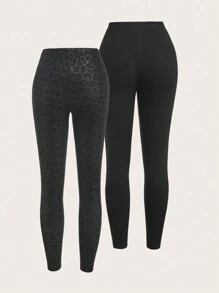 SHEIN EZwear 2pcs Set Novelty Leopard Pattern Knit Leggings And Sports , Autumn - Black - View 2