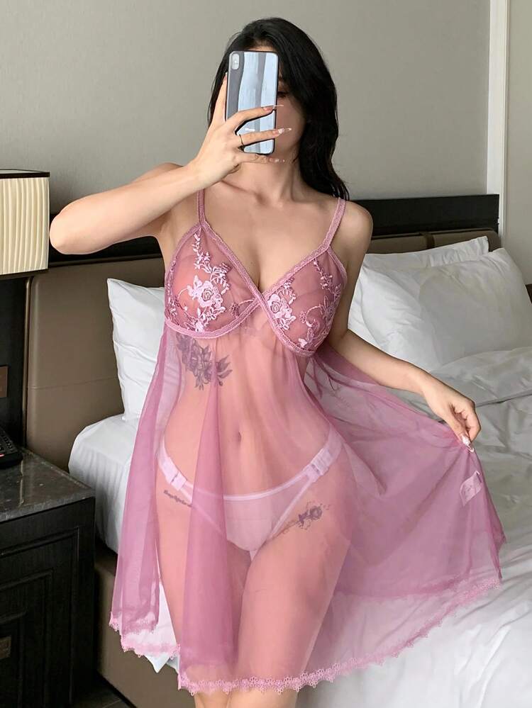 Camisón lencero sexy con encaje bordado floral y tul semitransparente para mujeres