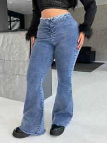 SHEIN ICON 大码蓝色紧身喇叭牛仔裤，性感街头风格 - 中等水洗藍 - 查看 3