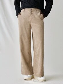 Manfinity VCAY Men's Woven Casual Pants, Elastic Waist Relaxed Fit Straight Leg Solid Color Trousers