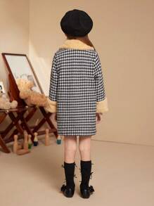 PrepCrw Young Girls Houndstooth Print Pocket Front Button Elegant Winter Long Sleeve Coat