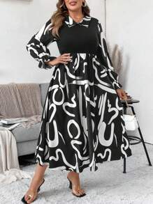 SHEIN Unity Vestido de manga larga con cuello vuelto, parches de punto acanalado y estampado, talla grande - Multicolor - Ver 5