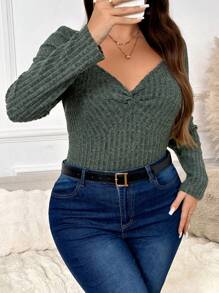 SHEIN Frenchy 大码女式纯色罗纹扭结长袖 T 恤，秋季休闲 - 橄欖綠 - 查看 1