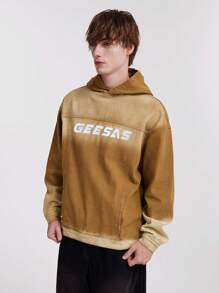 ROMWE MEN Prep Men Ombre Letter Print Hooded Denim Jacket - Khaki - View 3