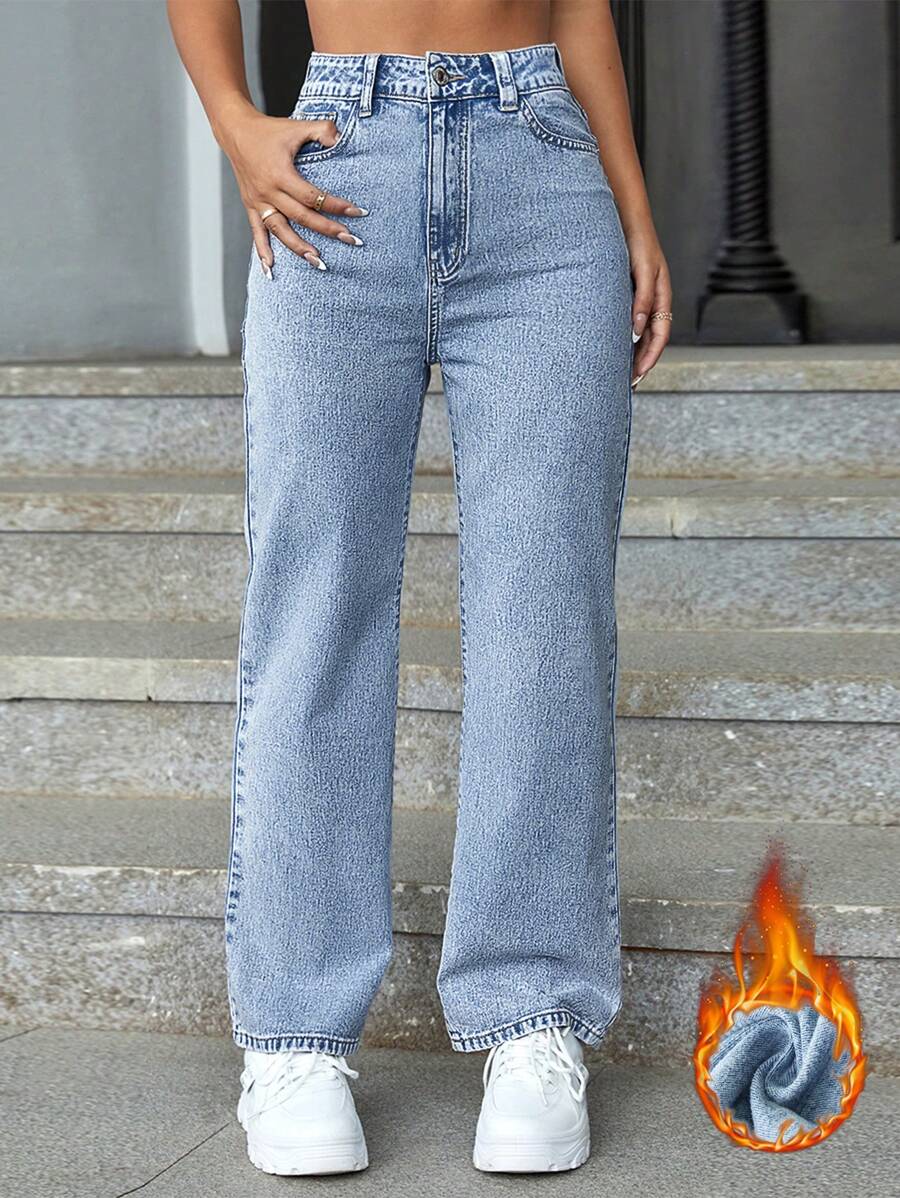 SHEIN EZwear Pantalones vaqueros de tela con cepillo de cintura alta y pierna recta, con engrosamiento de mezclilla - Azul - Ver 1