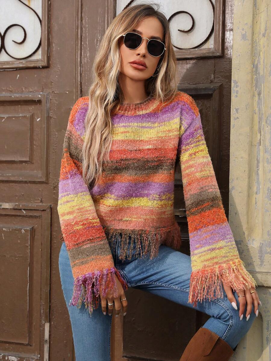Chiquease Women Gradient Color Fringe Hem Pullover Sweater, Casual Autumn/Winter Knit Pullover Fall Outfit - Multicolor - View 1