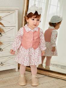 SHEIN 2 pezzi/Set Elegante e Carino Outfit Per Bambine con Gilet in Finta Pelle e Vestito Camicia con Stampa Leopardata, Tessuto Morbido e Confortevole, Adatto Per Uscite - Rosa - Visualizzare 4