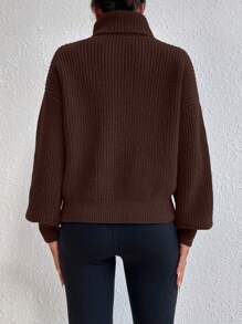 Celisse Casual High Collar Loose Ribbed Knit Drop Shoulder Sweater For Autumn/Winter, Long Sleeve Top Knit Pullover Fall - Coffee Brown - View 2