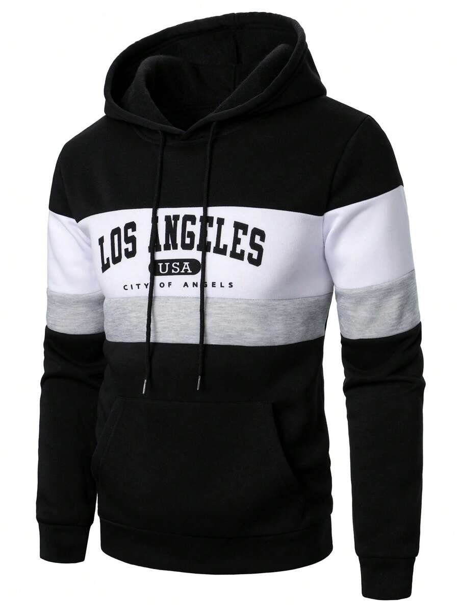 Manfinity Homme Men's Letter Print Contrast Color Drawstring Hoodie Sweatshirt, Casual For Autumn, Long Sleeve Top - Multicolor - View 1