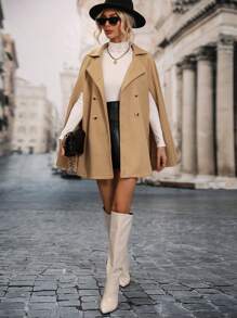 SHEIN Clasi Elegant Solid Color Double-Breasted Cape Overcoat, Autumn/Winter - Khaki - View 4