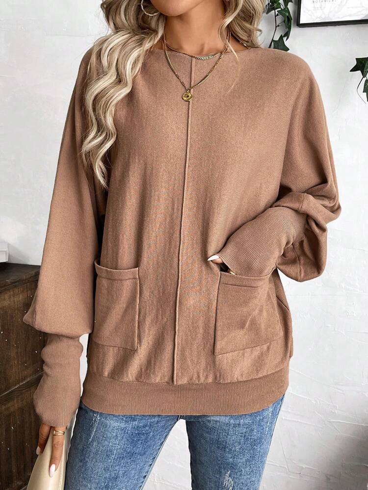 Women's Bat Wing Pocket Loose Knit Pullover Sweater, Casual Fall Sweater
