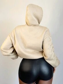 BamGleam Women Oversized Apricot Color Sweatshirt With Ruched Lantern Sleeves Pullover Fall - Apricot - View 2