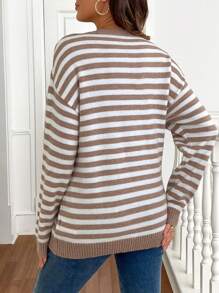 SHEIN Blusa de manga comprida com botões e gola redonda listrada em bloco de cores para maternidade, suéter de gola alta, para o inverno - Multicolorido - Ver 2