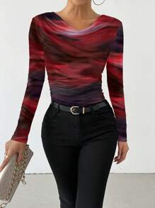 Chiquease Áo thun dài tay cổ nhún in họa tiết nhuộm tie-dye cho nữ dịp năm mới, thích hợp mặc vào mùa xuân. - Đỏ - Xem 5