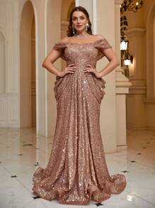 UNITHORSE Plus Size Off Shoulder Criss-Cross Backless High Waisted Ruched Mermaid Sequin Floor Length Prom Dress - Coffee Brown - View 7