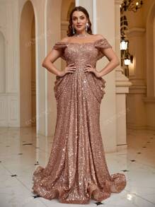 Vestido de noche largo hasta el suelo con diseño de cola de sirena, de cintura alta, con espaldas descubiertas, cruzado y plisado, con lentejuelas, para talla grande, para fiesta de graduación, cena, boda, cumpleaños u ocasiones formales