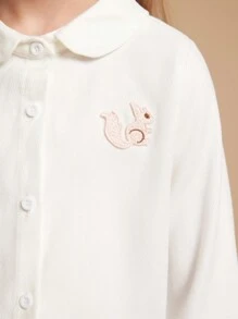 PrepCrw 年轻女孩卡通贴花前扣彼得潘领长袖衬衫 - 白色 - 查看 6