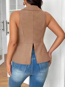 SHEIN Frenchy 大码黑色亚麻面料 V 领衬衫 纽扣开衩 简约时尚 适合婚宴 日常通勤 休闲修身无袖背心 法式风 老款 - 卡其色 - 查看 2