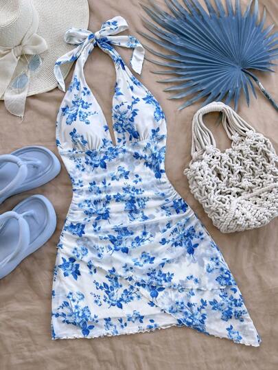 Soleia Vacation Women's Blue & White Floral Print Halter Backless Bowknot Asymmetrical Hem Ruffle Hem Dress,Fall&Winter Women Clothes,Thanksgiving Women Outfit,Christmas Women Clothes,Christmas Party Dress,Christmas Dress,Princess Women Costume,Thanksgiving Dress,Hot Pink Dress,Holiday Dress,Greek Goddess Dress,Hippie Women Clothes,Fairy Core,Fairy Dress,Summer Dresses For Women