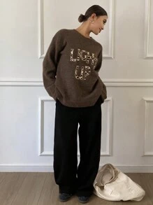 DAZY Pulover cu guler rotund, croială lejeră, cu imprimeu leopard și litere, pentru femei, cu imprimeu ghepard, haine de toamnă pentru femei - Maro - Vizualizare 7