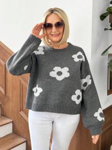 SHEIN LUNE Women Casual Floral Jacquard Knitted Sweater, Autumn/Winter - Grey - View 5