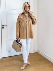 SHEIN LUNE Women Solid Color Front-Button Long Sleeve Pocket Casual Blouse - Khaki - View 4