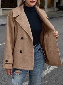 SHEIN LUNE 女士休闲复古双排扣宽松大衣，秋季 - 摩卡棕 - 查看 6