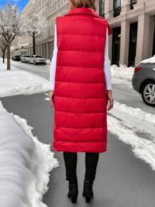 SHEIN LUNE Women's Winter Solid Color Single-Breasted Sleeveless Long Casual Down& Feathers - Red - View 3