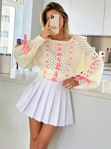 EURMUSE Women Hollow Out Ribbon Pattern Lantern Sleeve Chunky Pullover - White - View 1
