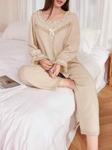 Oversized Open Front Mandarin Collar Textured Pattern Long Sleeve Pajama Set - Khaki - View 3