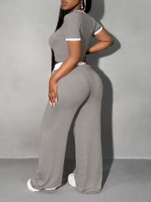 SHEIN SXY Summer;2pcs/Set Rose Pink Sporty Contrast Trim Top With Relaxed Fit Wide Leg Pants, Casual Tracksuit