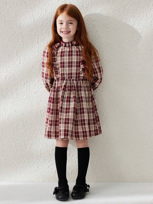 Blossori Young Girls Casual Plaid Puff Sleeve Dress, Autumn, For Christmas