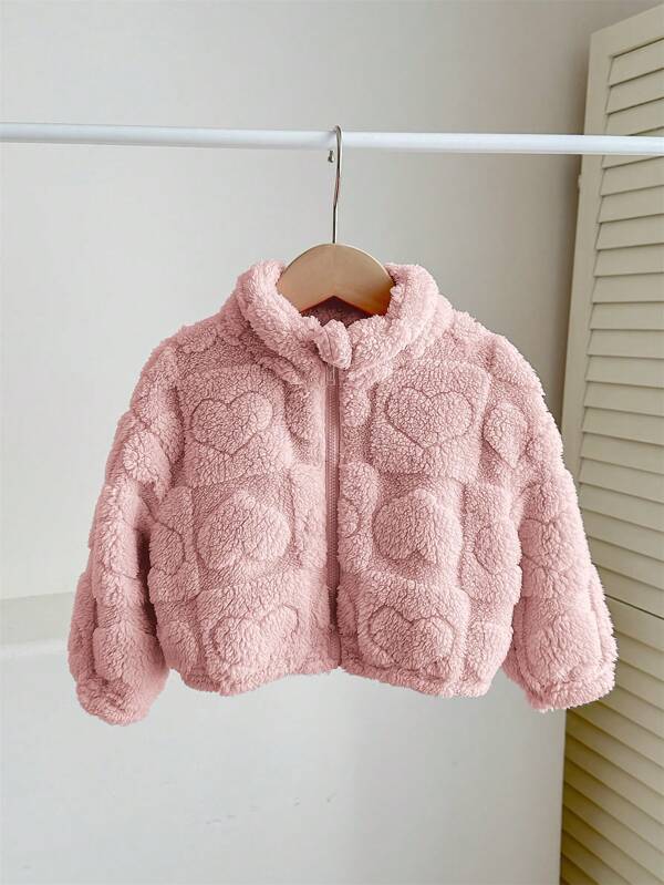 SHEIN LMoss Kids LMoss Herbst/Winter Jacke für Baby Mädchen, kuschelig, mit Herzmustern, vielseitig einsetzbar, Stehkragen, Langarm