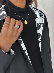 SHEIN Maternity Casual Zip-Up Long Sleeve Hoodie Jacket With Pockets, Pockets, For Autumn - Black and White - View 8