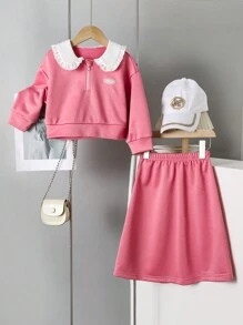 SHEIN 2pcs/Set Young Girl Casual Contrast Color Ruffle Collar Sweatshirt And Mini Skirt Set, Autumn - Dark Green - View 1