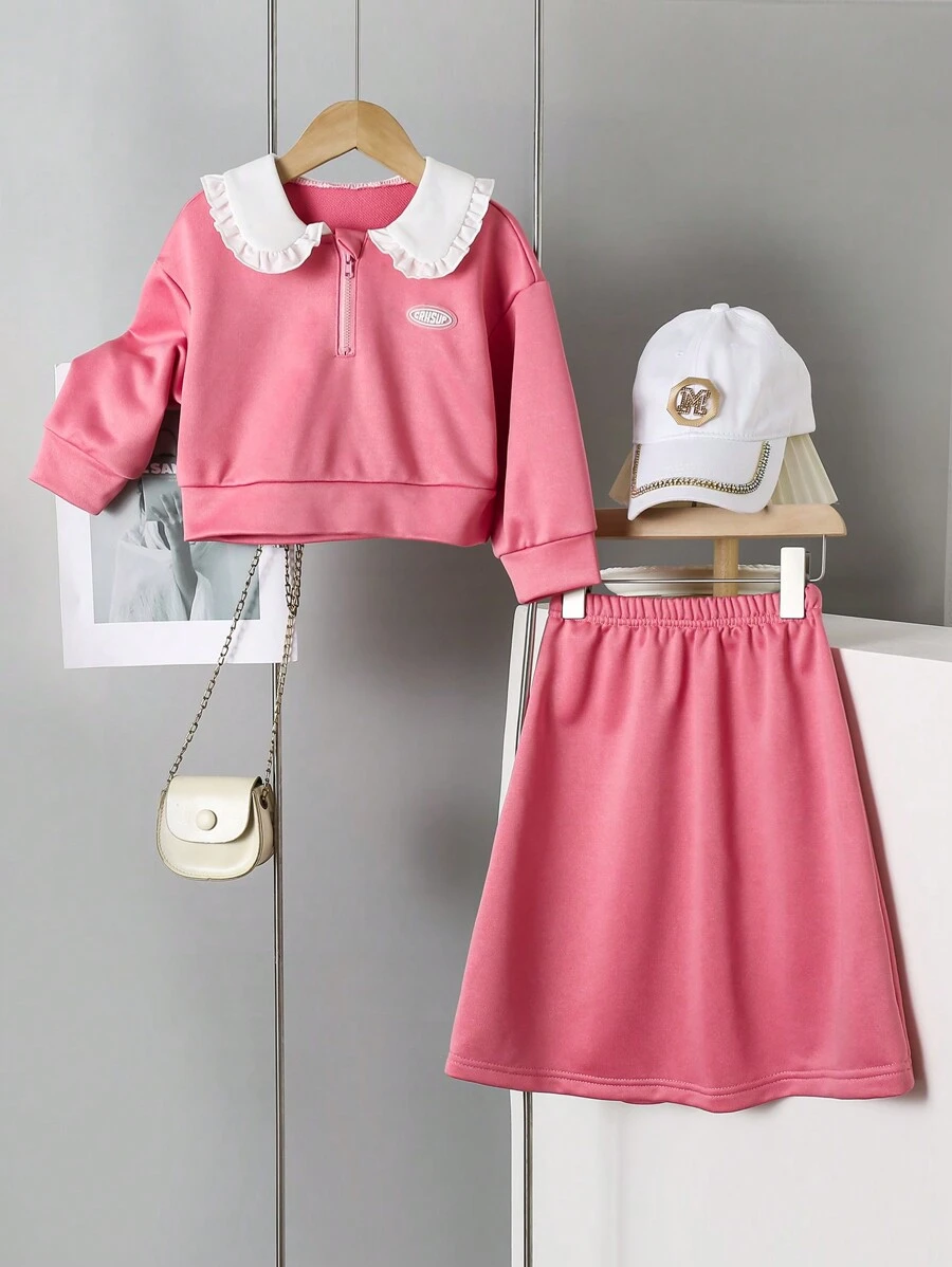 SHEIN 2pcs/Set Young Girl Casual Contrast Color Ruffle Collar Sweatshirt And Mini Skirt Set, Autumn - Dark Green - View 1