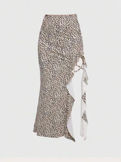 Jupe fendue à imprimé léopard avec bordure volantée