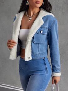 SHEIN EZwear Women's Autumn/Winter Contrast Color Long Sleeve Hooded Short Denim Jacket With PocketsThermal Thickened Denim - Blue - View 7