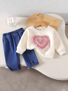 Bộ quần dài denim và áo nỉ in hoa 3D cho bé gái mới biết đi, mùa thu/đông - Màu xanh lam - Xem 1