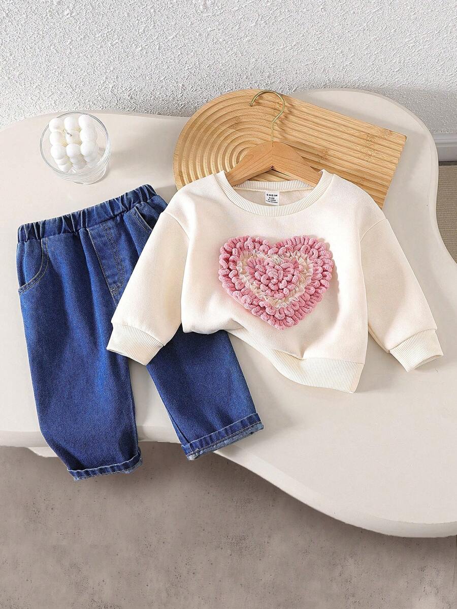 Bộ quần dài denim và áo nỉ in hoa 3D cho bé gái mới biết đi, mùa thu/đông - Màu xanh lam - Xem 1